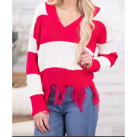 Women's Adora Red & White Striped V-Neck Sweater Fringe trim size L - Picture 2 of 4